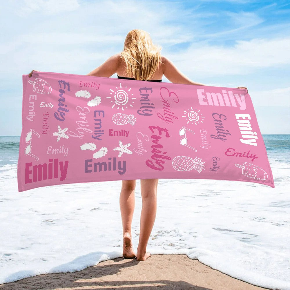 Custom Name Doodle Summer Beach Towel, Quick Dry Microfiber Bath Towel, Vacation/Beach/Pool Party Favor, Travel Essential, Gift for Kid/Family/Friend