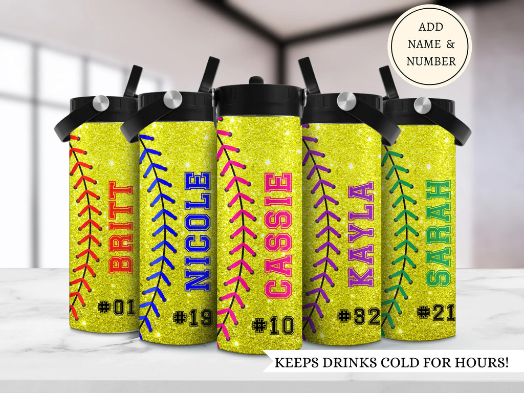 Custom softball team water bottles, Glitter softball tumbler, Gift for softball team, Personalized softball group cups, Bottle with name