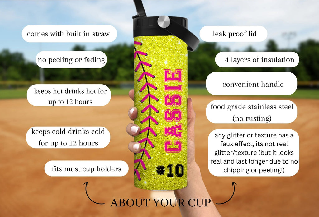 Custom softball team water bottles, Glitter softball tumbler, Gift for softball team, Personalized softball group cups, Bottle with name