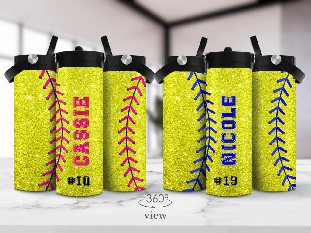 Custom softball team water bottles, Glitter softball tumbler, Gift for softball team, Personalized softball group cups, Bottle with name