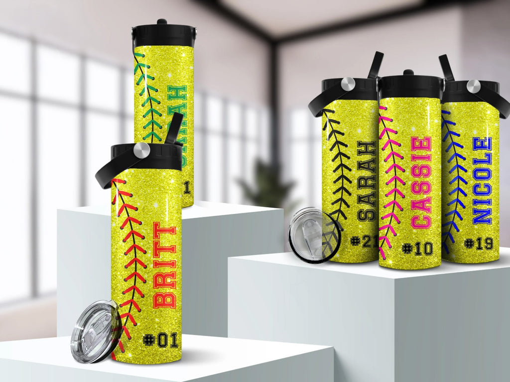 Custom softball team water bottles, Glitter softball tumbler, Gift for softball team, Personalized softball group cups, Bottle with name