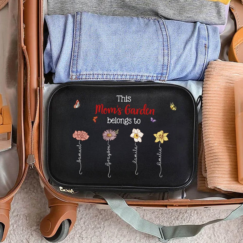 Custom Names & Birth Flowers Grandma's Garden Leather Toiletry Bag, Large Capacity Double Layer Multi-Compartment Makeup Bag, Gift for Mom/Grandma