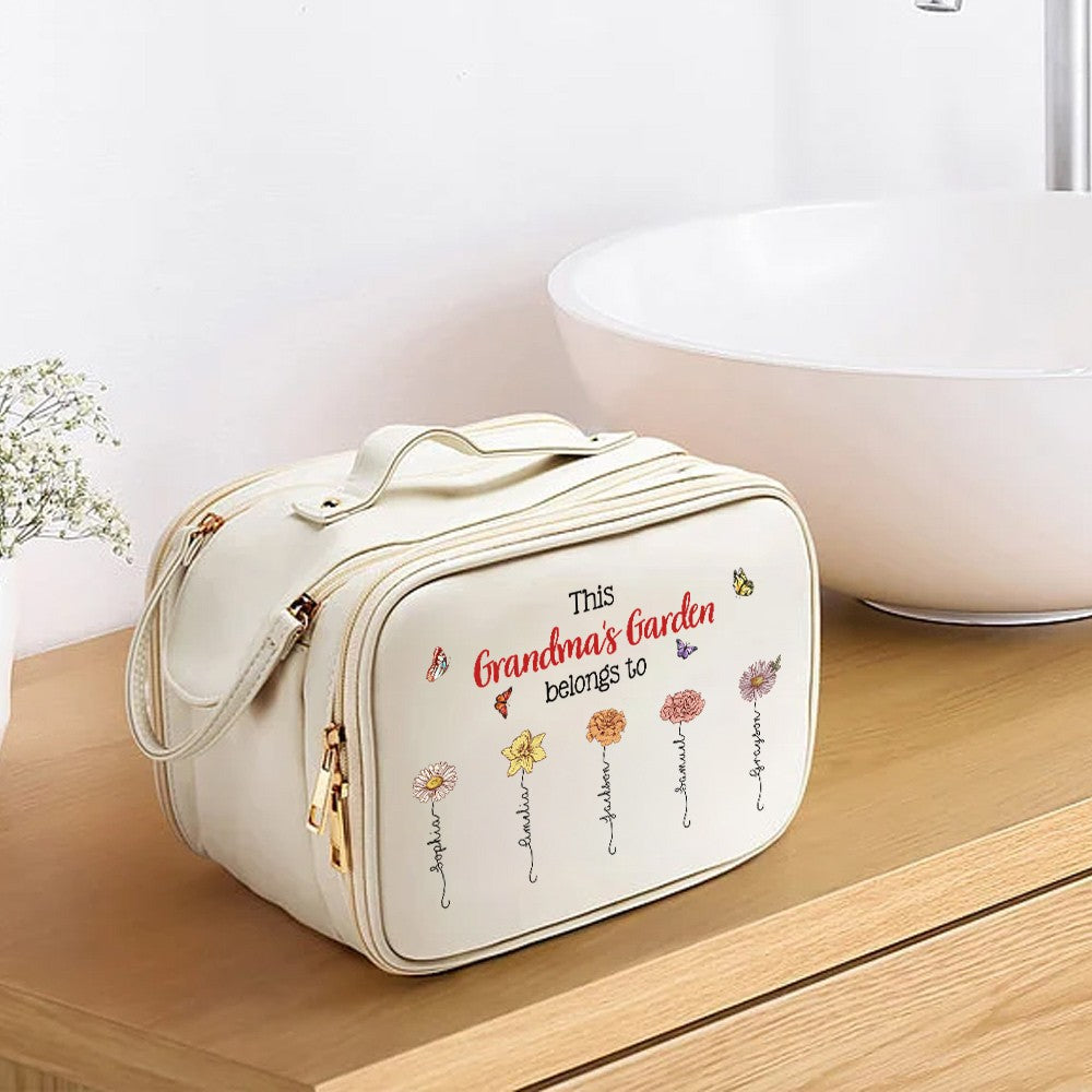 Custom Names & Birth Flowers Grandma's Garden Leather Toiletry Bag, Large Capacity Double Layer Multi-Compartment Makeup Bag, Gift for Mom/Grandma