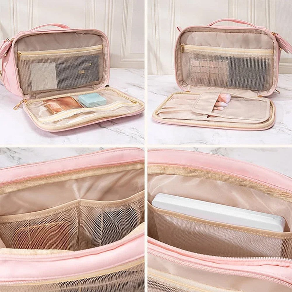 Custom Names & Birth Flowers Grandma's Garden Leather Toiletry Bag, Large Capacity Double Layer Multi-Compartment Makeup Bag, Gift for Mom/Grandma
