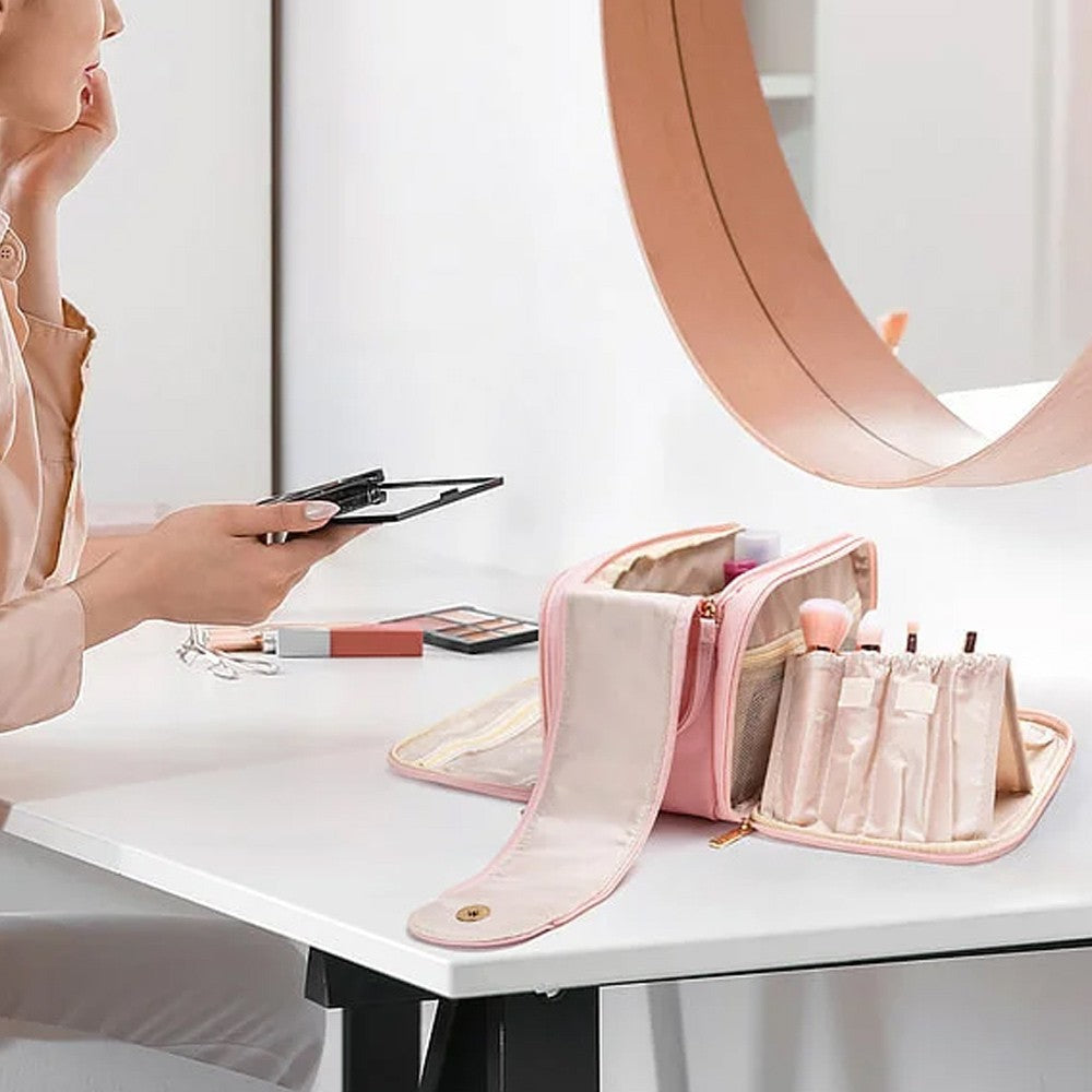 Custom Names & Birth Flowers Grandma's Garden Leather Toiletry Bag, Large Capacity Double Layer Multi-Compartment Makeup Bag, Gift for Mom/Grandma