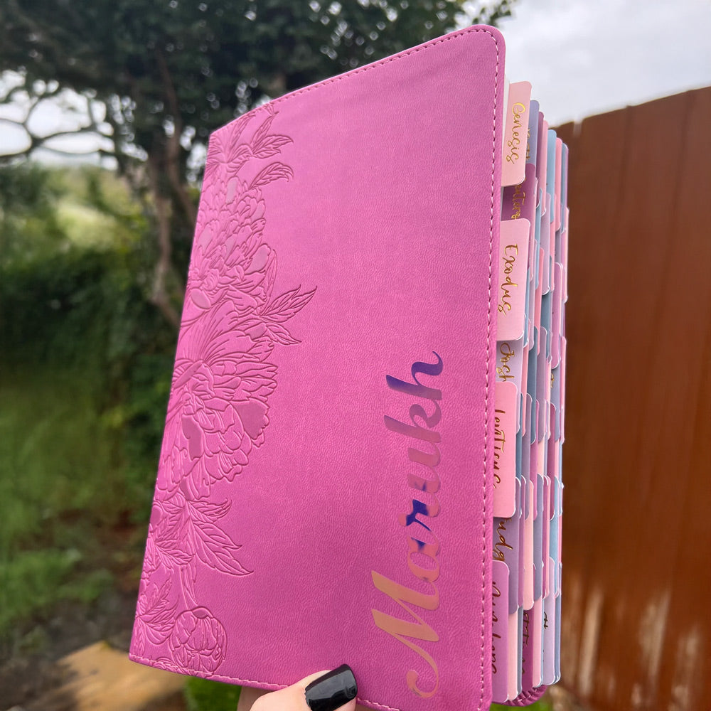 Pink NLT Personal Size Giant Print Holy Bible with Ombre Tabs,Red Letter, Leather Touch with personalized Name
