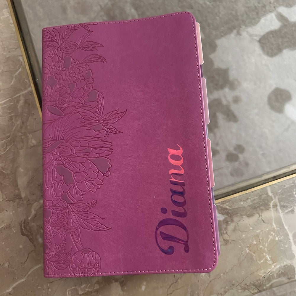 Pink NLT Personal Size Giant Print Holy Bible with Ombre Tabs,Red Letter, Leather Touch with personalized Name