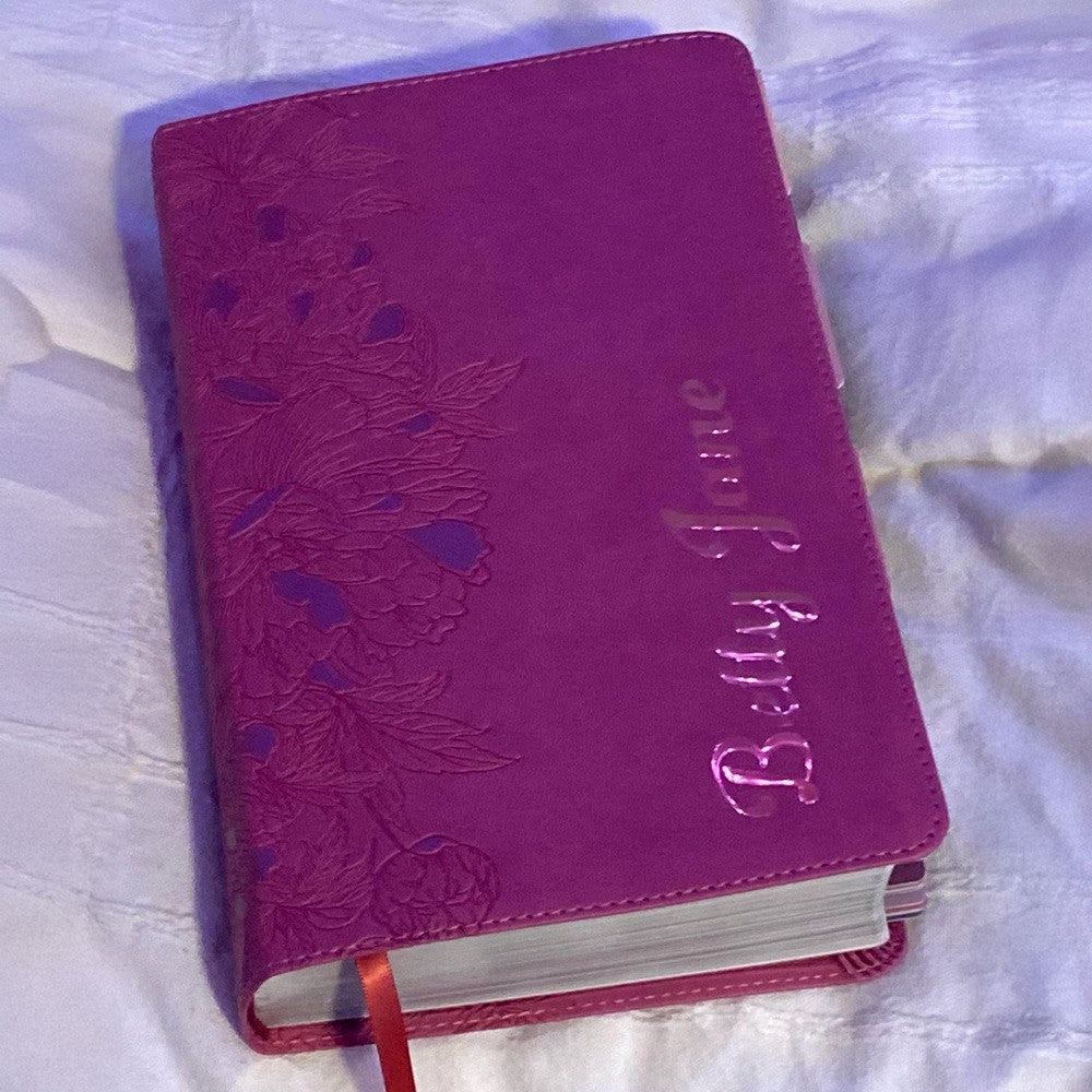 Pink NLT Personal Size Giant Print Holy Bible with Ombre Tabs,Red Letter, Leather Touch with personalized Name