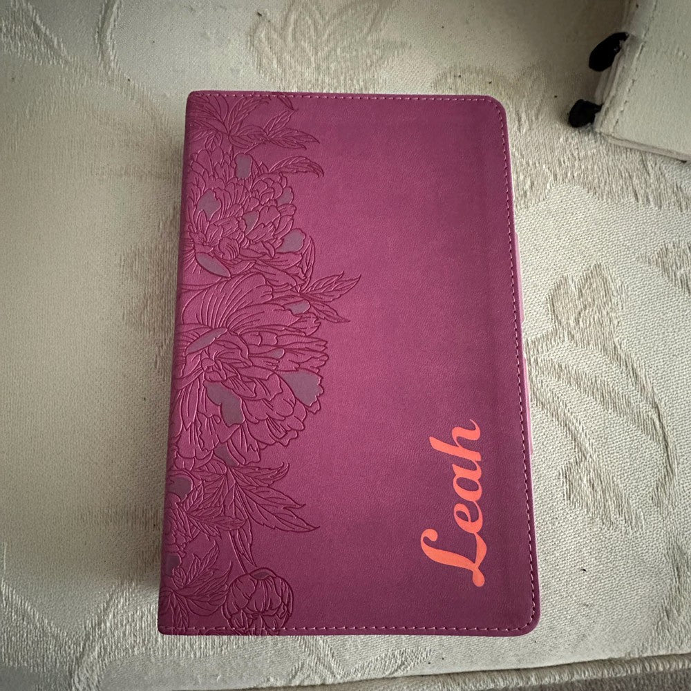 Pink NLT Personal Size Giant Print Holy Bible with Ombre Tabs,Red Letter, Leather Touch with personalized Name