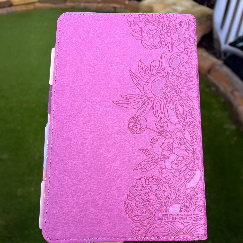 Pink NLT Personal Size Giant Print Holy Bible with Ombre Tabs,Red Letter, Leather Touch with personalized Name