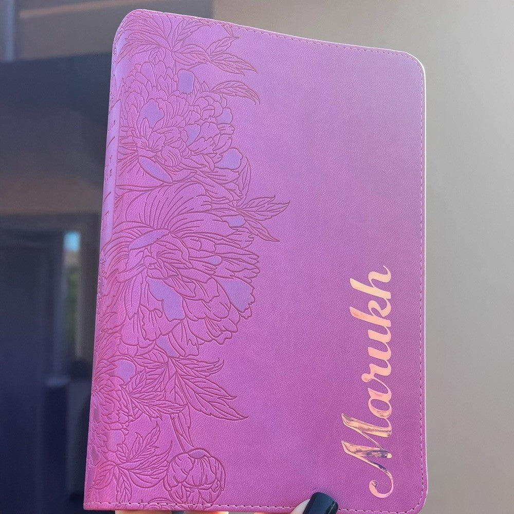 Pink NLT Personal Size Giant Print Holy Bible with Ombre Tabs,Red Letter, Leather Touch with personalized Name