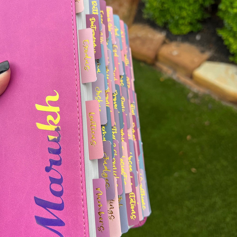 Pink NLT Personal Size Giant Print Holy Bible with Ombre Tabs,Red Letter, Leather Touch with personalized Name