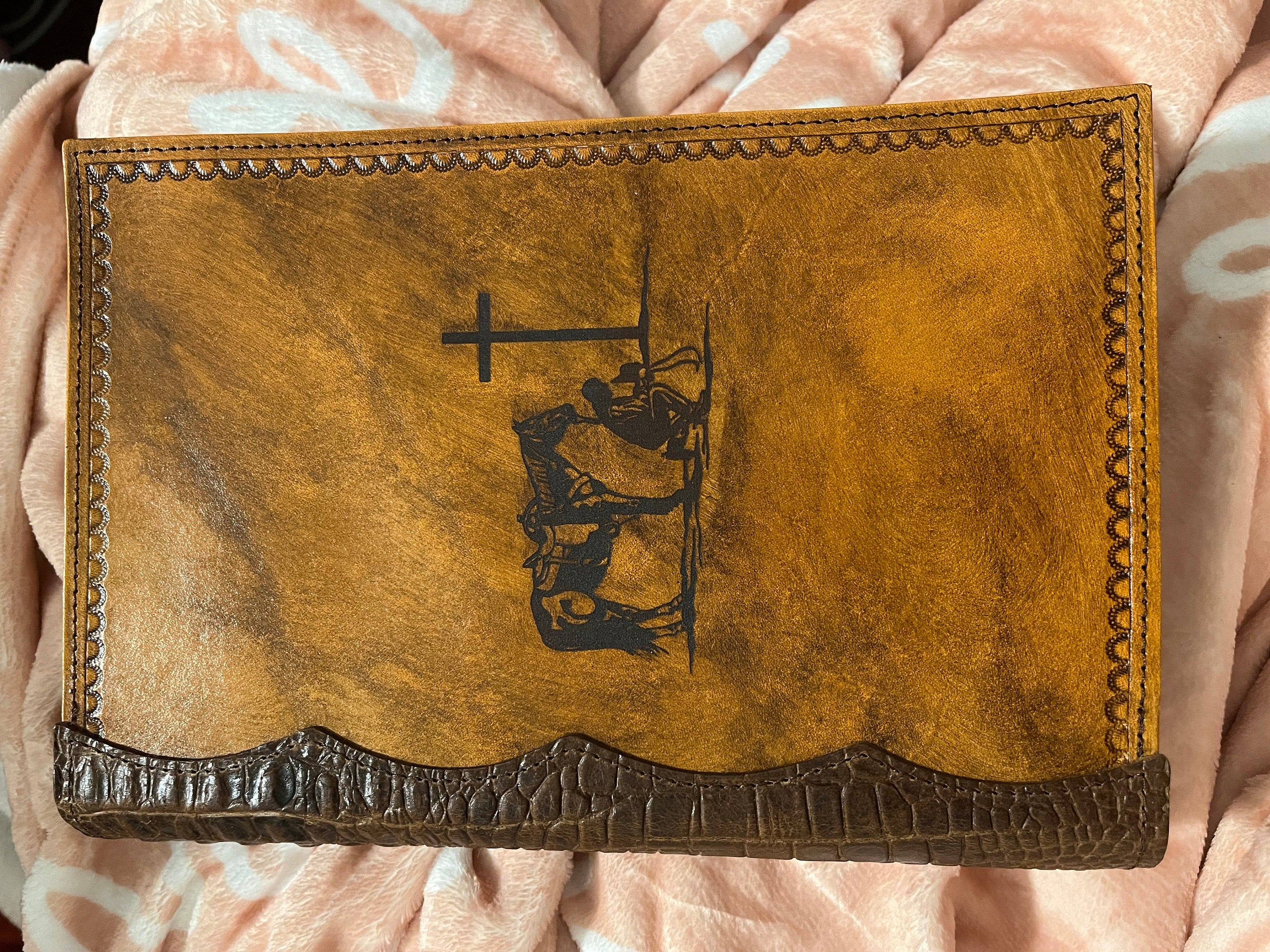 Handcrafted Laser Engraved Praying Cowboy All Leather Bible Cover With Alligator Embossed Bind