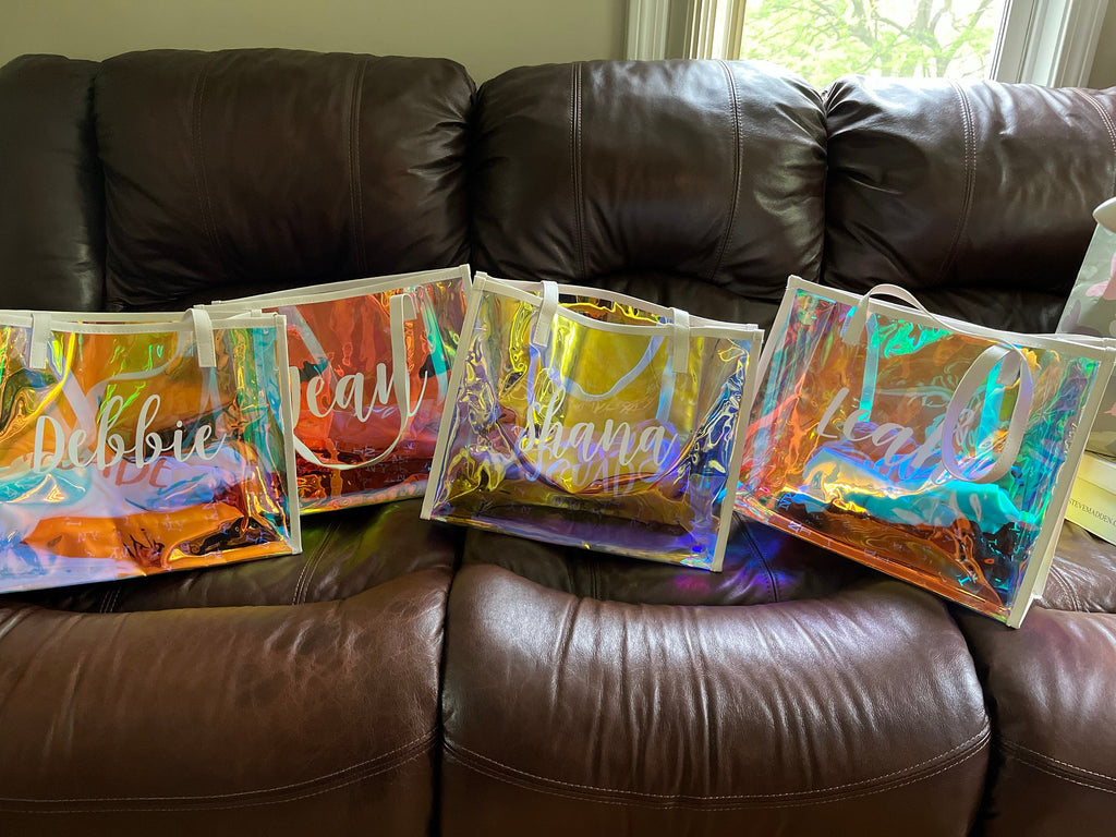 Custom Name Holographic Beach Bag, Waterproof Large Capacity Travel Bag Tote Bag, Bachelorette Party Favors, Christmas/Birthday/Wedding Gift for Her