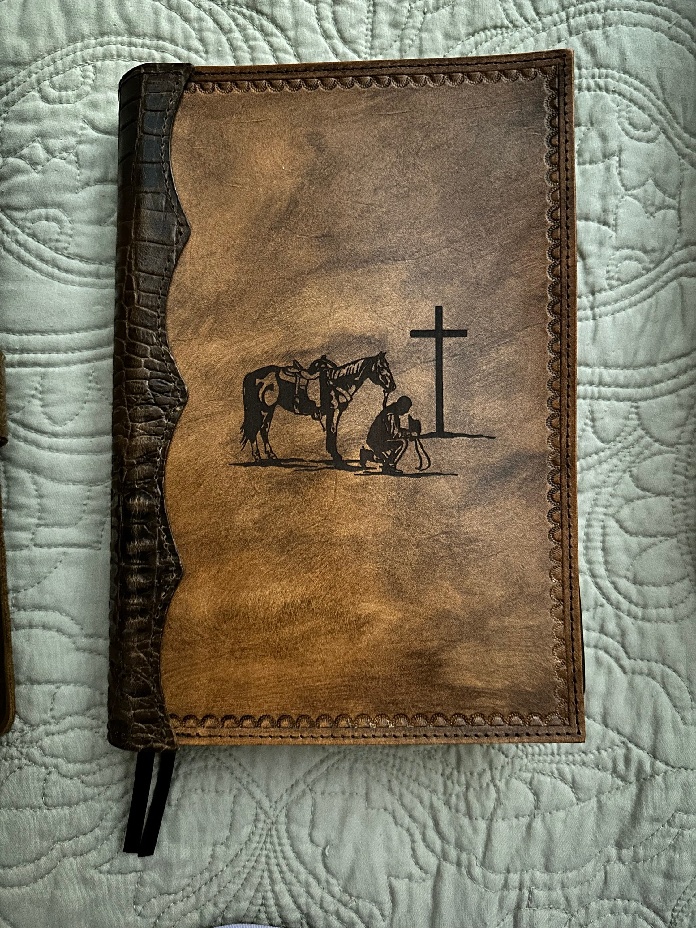 Handcrafted Laser Engraved Praying Cowboy All Leather Bible Cover With Alligator Embossed Bind