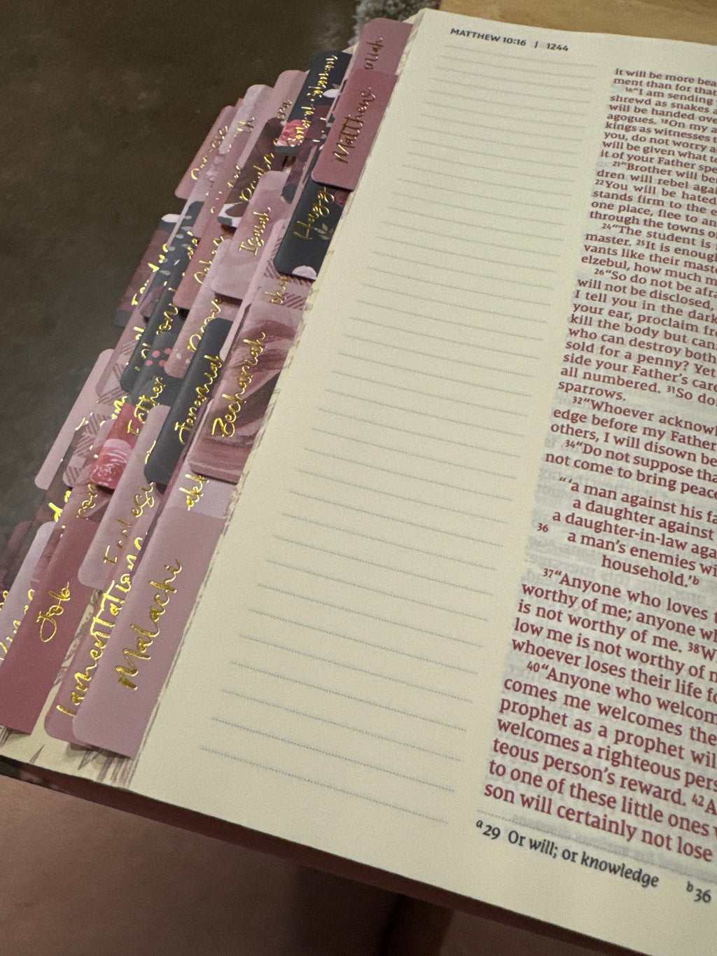 Beautiful NIV , Journaling, Notes Bible with Gorgeous handcrafted laminated Bible Tabs with gold lettering