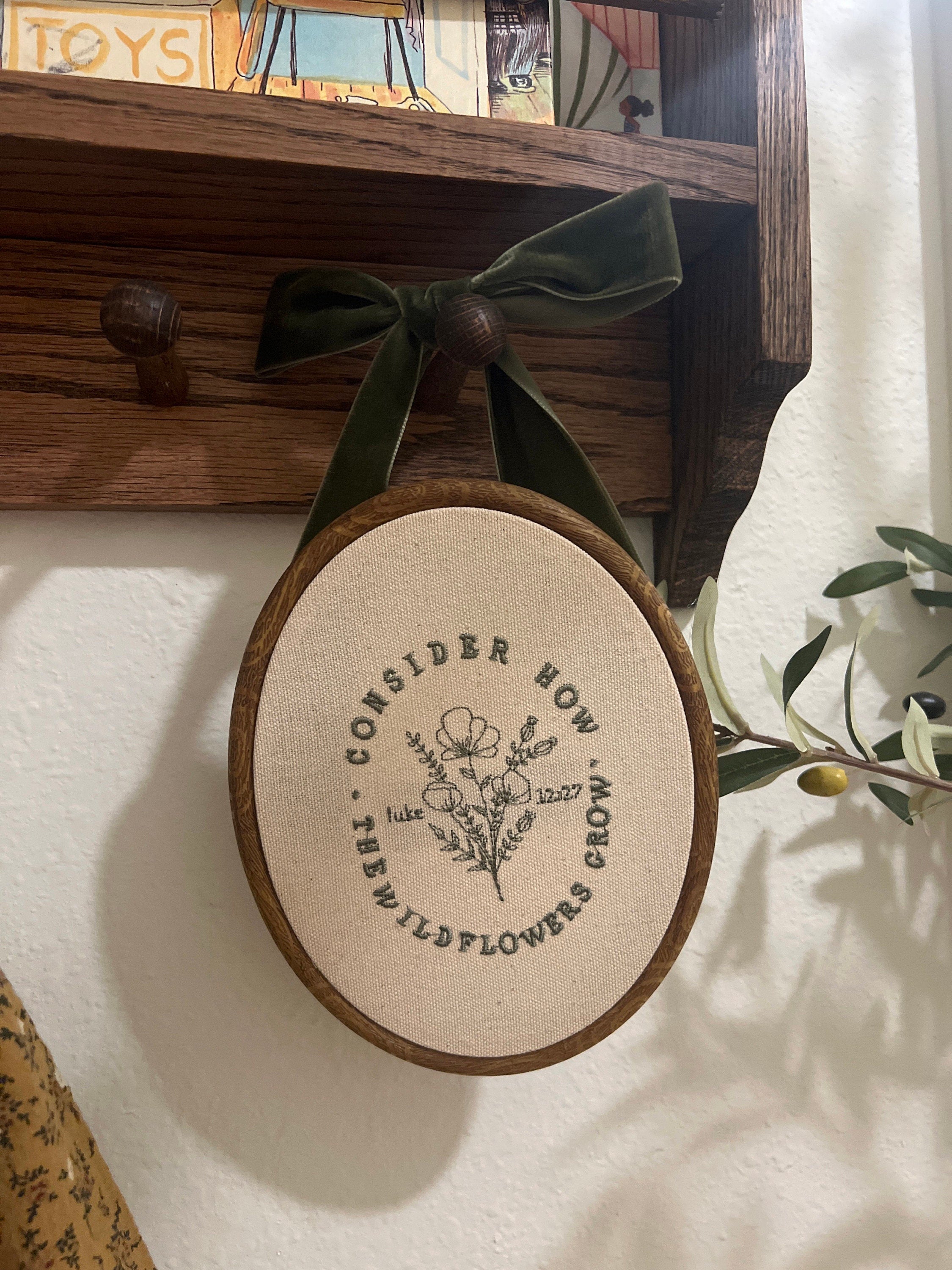 Consider the Wildflowers Luke 12:27 Floral Finished Embroidery Hoop Wall Decor, Scripture Home Decor, Bible Verses, Embroidery Nursery Decor