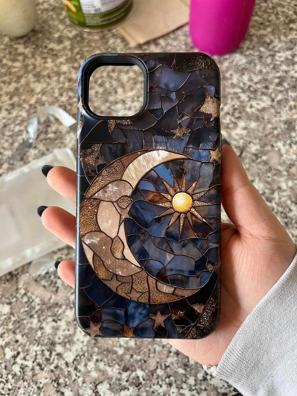 Moon and Stars Phone Case, Celestial Phone Cover Magsafe Compatible Starry Night Sky Space Lover Gift for iPhone 15 14 13 Faux Stained Glass