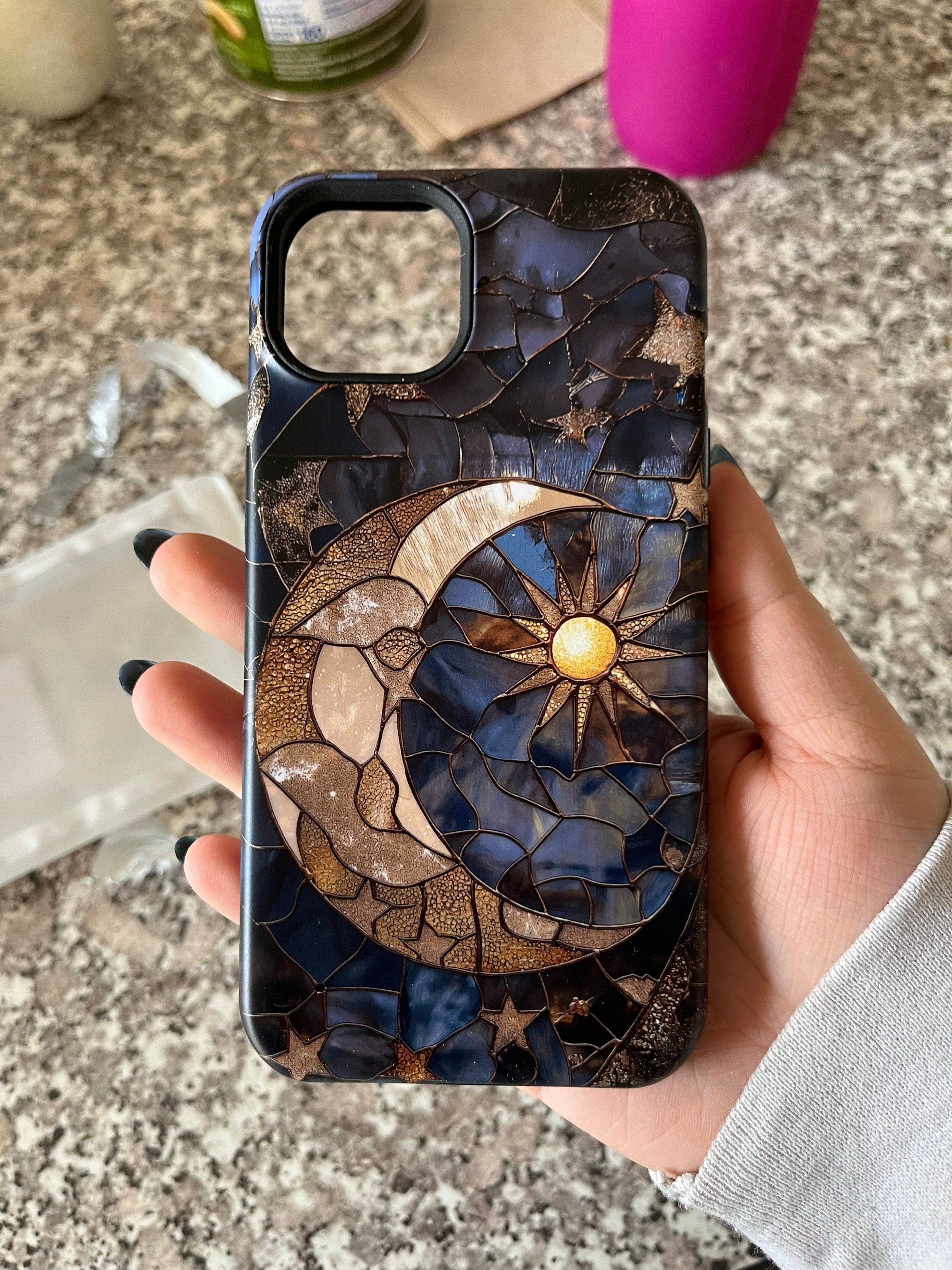 Moon and Stars Phone Case, Celestial Phone Cover Magsafe Compatible Starry Night Sky Space Lover Gift for iPhone 15 14 13 Faux Stained Glass