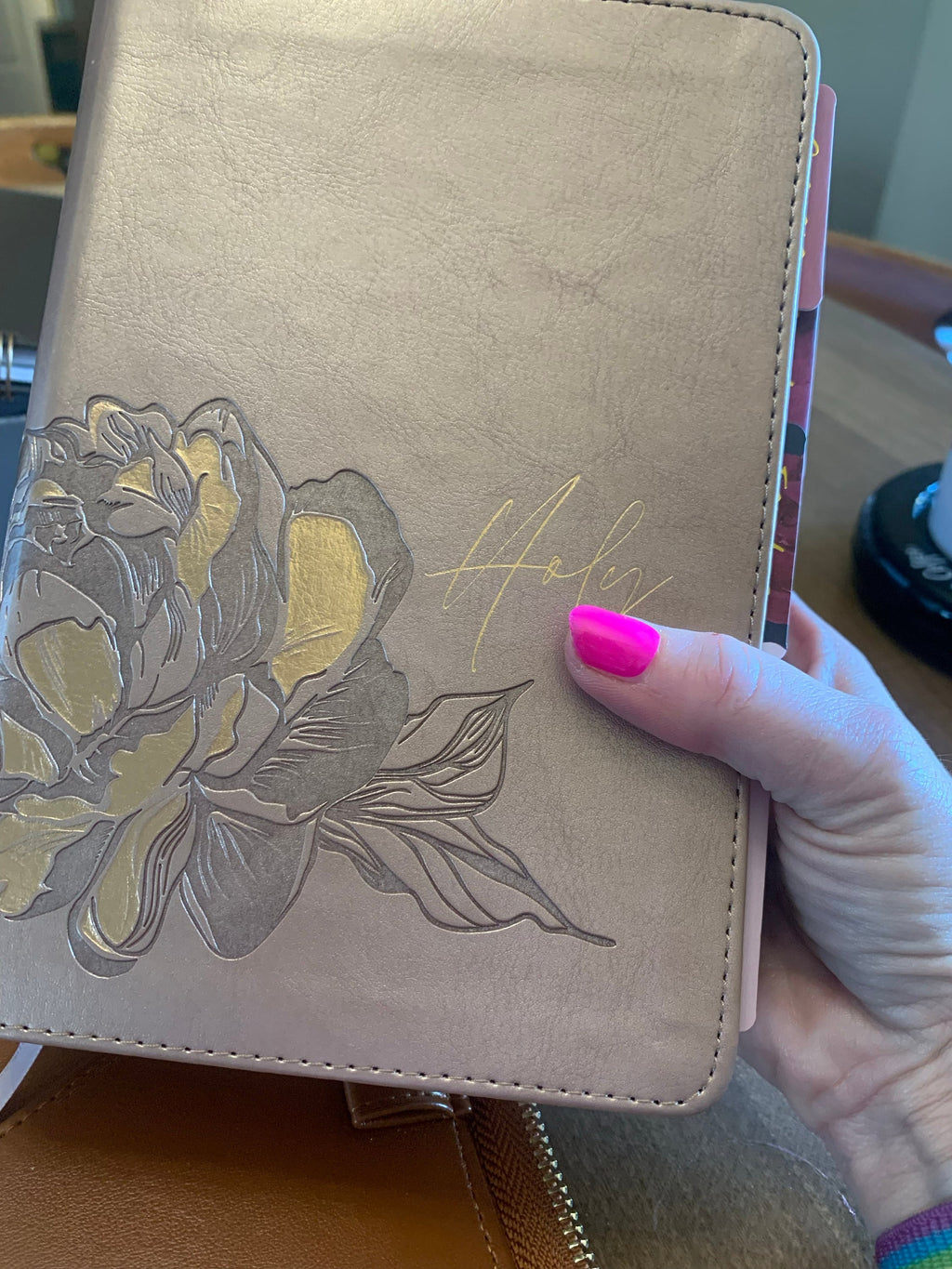 NLT Compact Giant Print Bible, Filament-Enabled Edition LeatherLike, Rose Metallic Peony, Red Letter with Floral Tabs