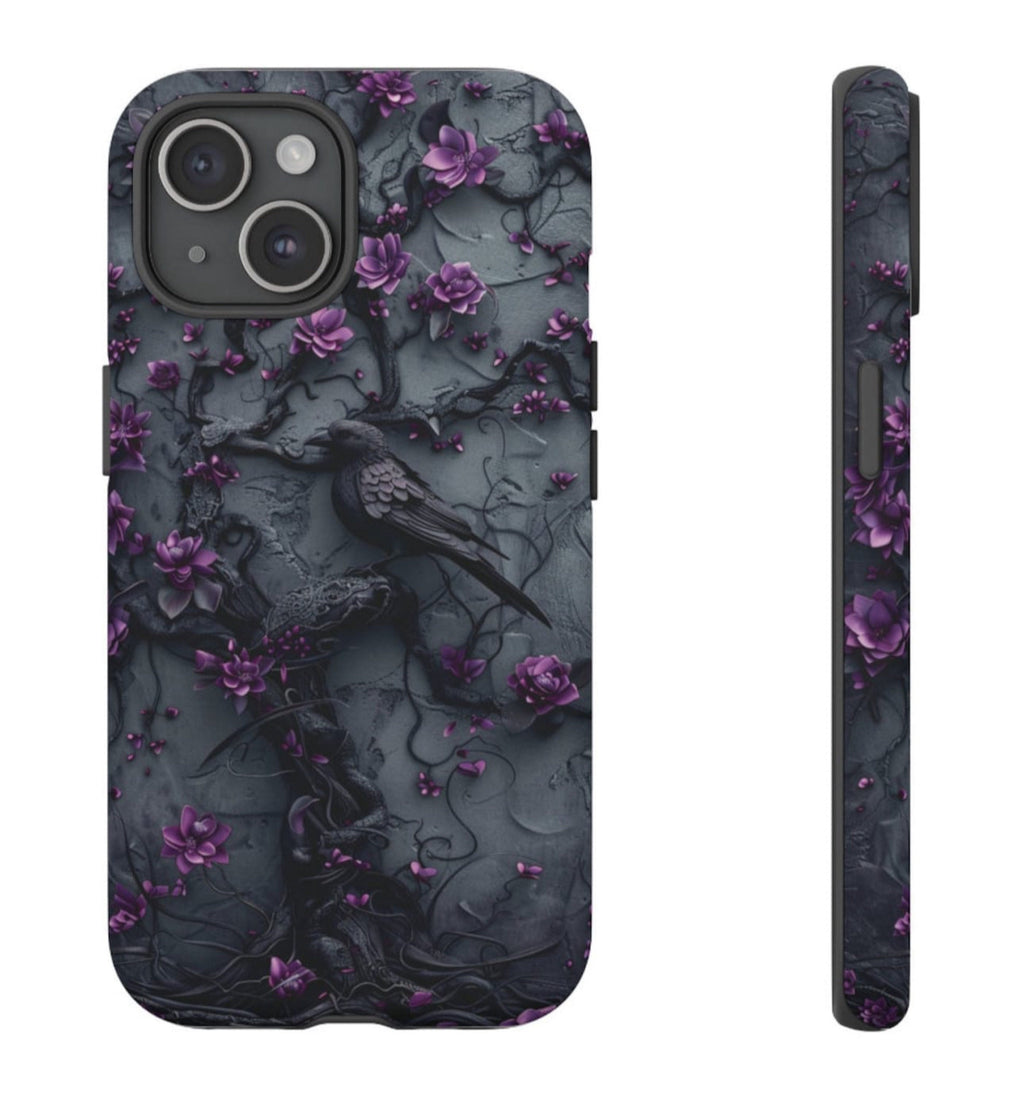 Goth Gothic Dark Spooky Raven Crow Phone Case Witchy Purple Tree Flower iPhone 15 14 13 12 11 8 Pro Max X XS XR Pixel Samsung S23 S24+ Gift