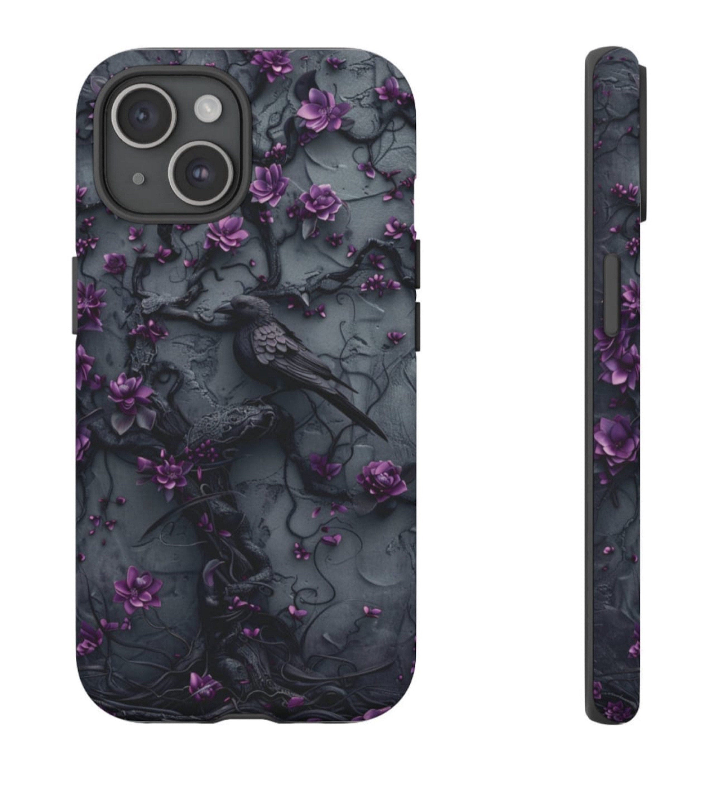 Goth Gothic Dark Spooky Raven Crow Phone Case Witchy Purple Tree Flower iPhone 15 14 13 12 11 8 Pro Max X XS XR Pixel Samsung S23 S24+ Gift