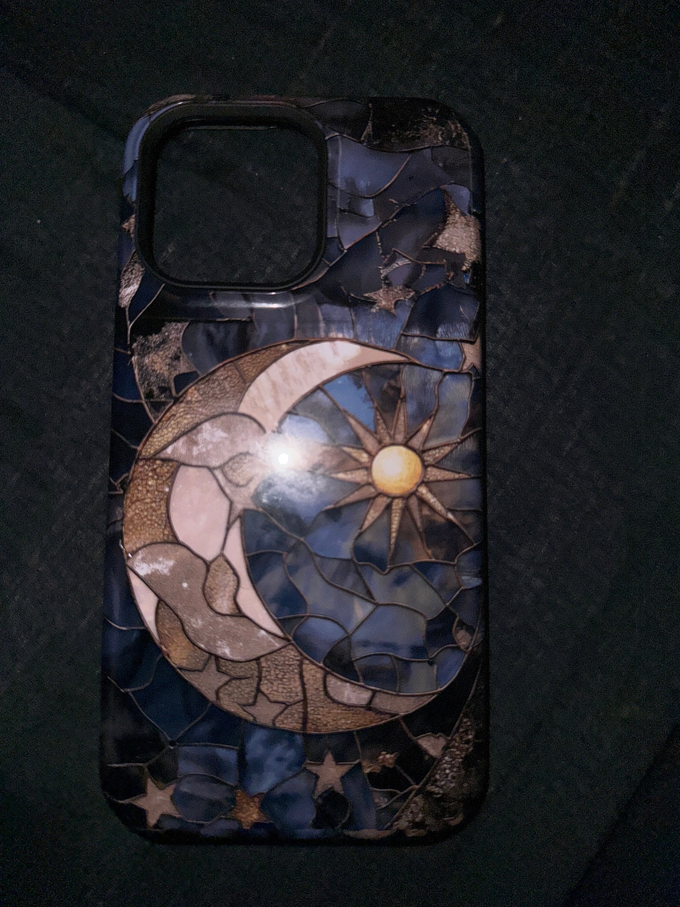 Moon and Stars Phone Case, Celestial Phone Cover Magsafe Compatible Starry Night Sky Space Lover Gift for iPhone 15 14 13 Faux Stained Glass