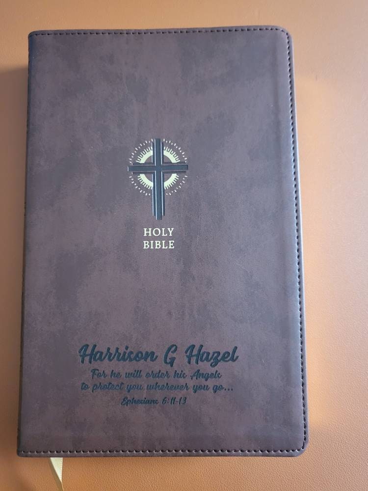 Personalized NRSV Bible New Revised Standard Version Catholic Edition, Catholic Bible, Brown Faux Leather Custom Bible Cover, Baptism Gift