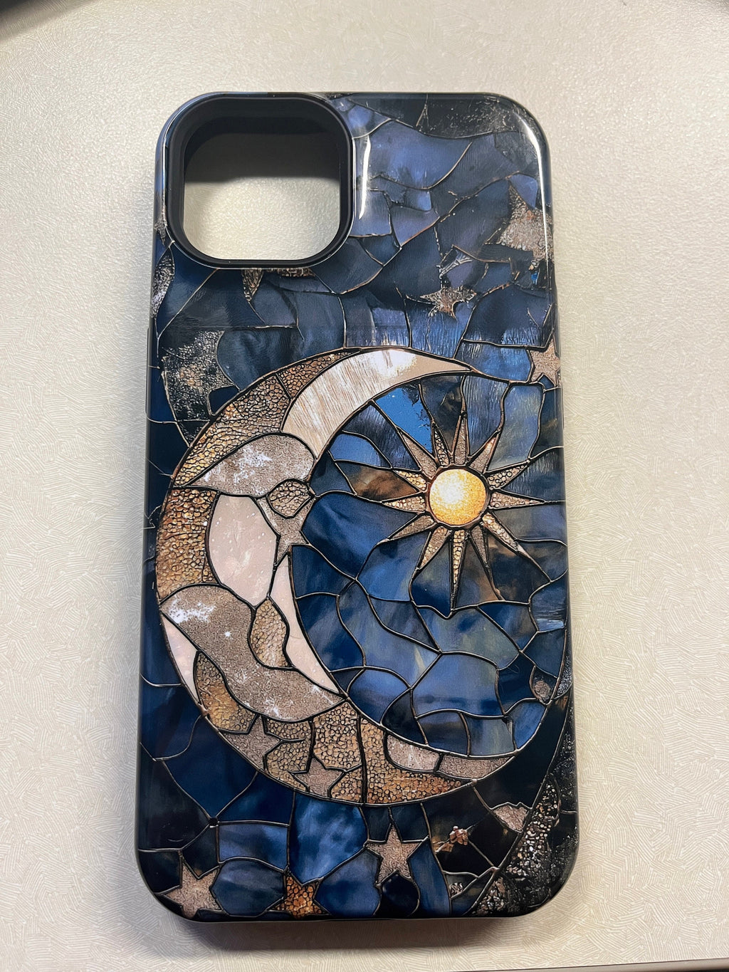 Moon and Stars Phone Case, Celestial Phone Cover Magsafe Compatible Starry Night Sky Space Lover Gift for iPhone 15 14 13 Faux Stained Glass