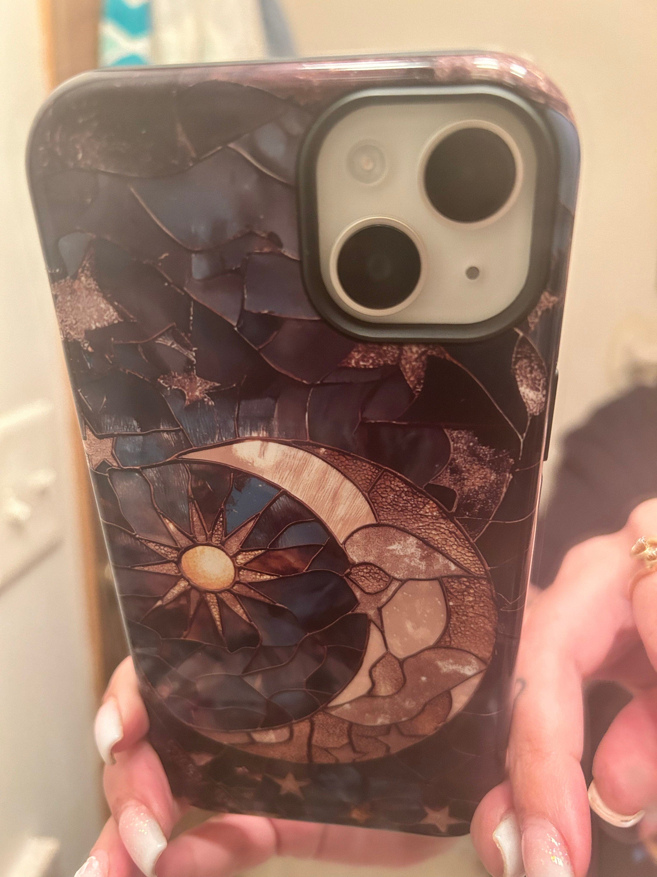 Moon and Stars Phone Case, Celestial Phone Cover Magsafe Compatible Starry Night Sky Space Lover Gift for iPhone 15 14 13 Faux Stained Glass