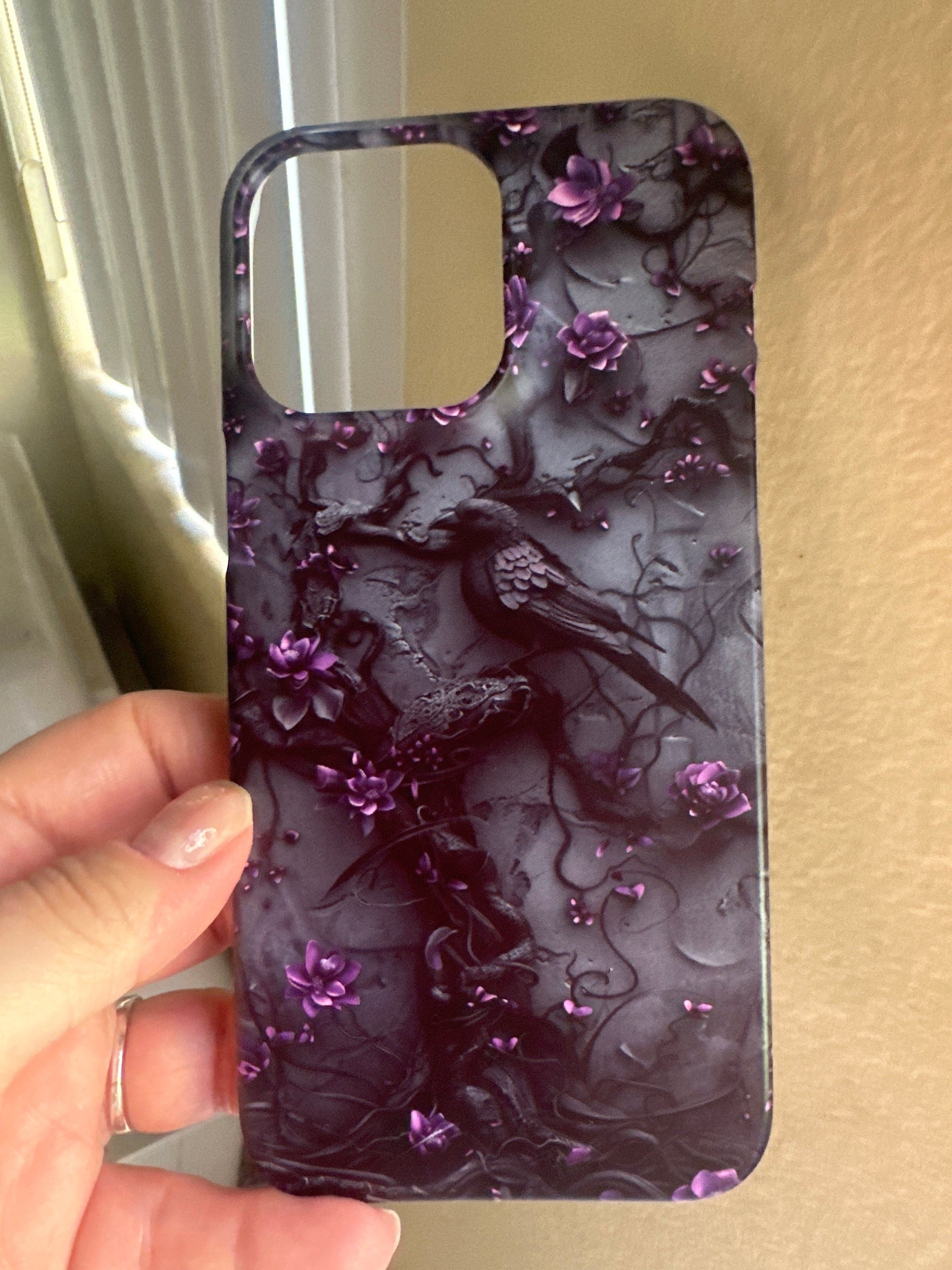 Goth Gothic Dark Spooky Raven Crow Phone Case Witchy Purple Tree Flower iPhone 15 14 13 12 11 8 Pro Max X XS XR Pixel Samsung S23 S24+ Gift