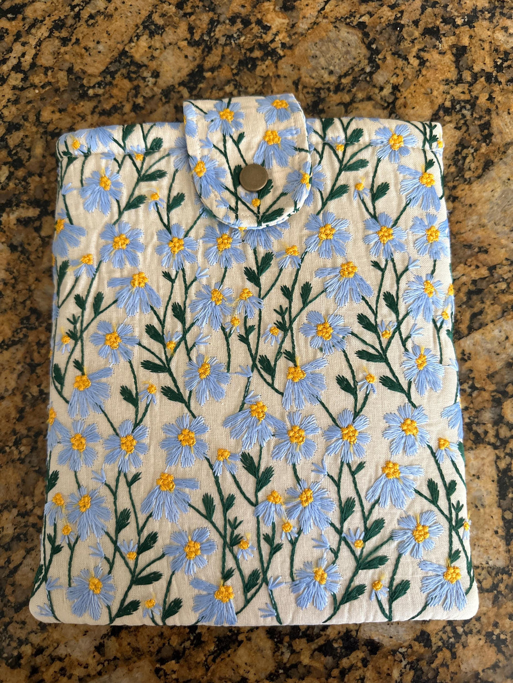 Blue Beige Daisy Embroidered book sleeve, kindle sleeve, ereader cover, iPad sleeve, Book Gift, book pouch, Bible cover