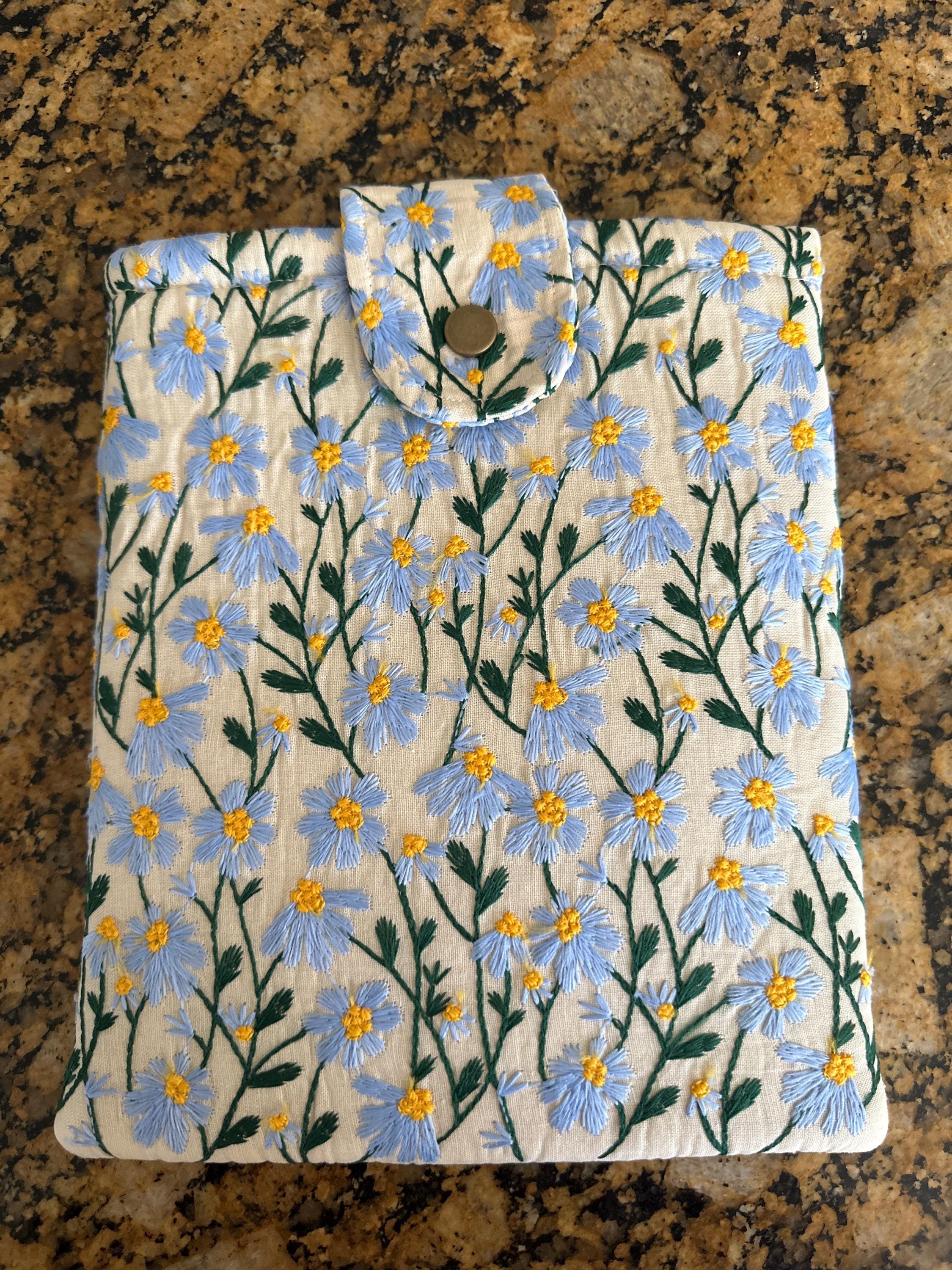 Blue Beige Daisy Embroidered book sleeve, kindle sleeve, ereader cover, iPad sleeve, Book Gift, book pouch, Bible cover