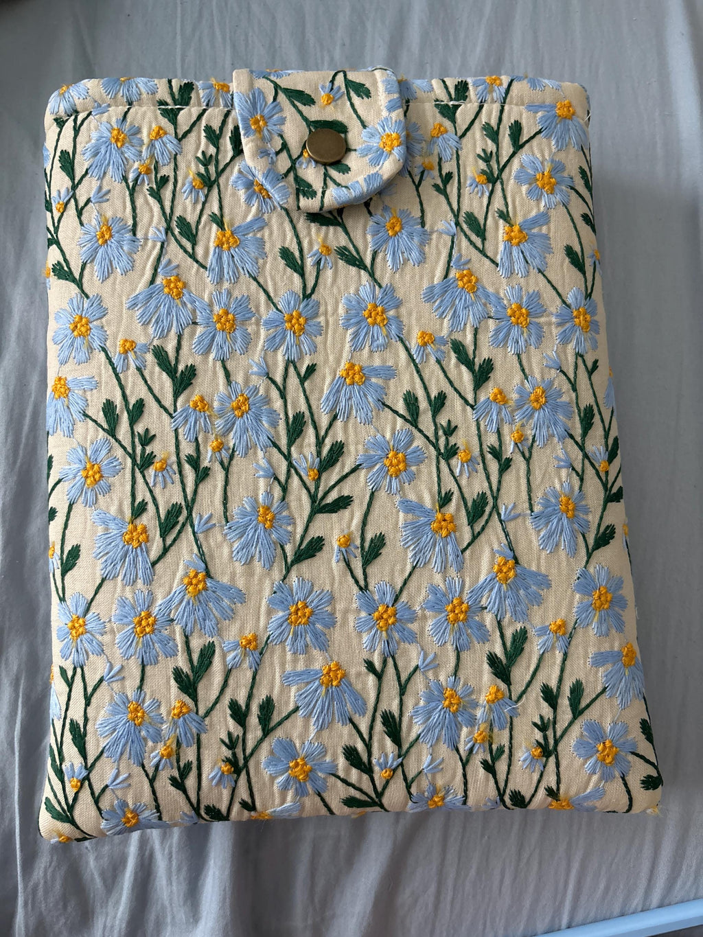 Blue Beige Daisy Embroidered book sleeve, kindle sleeve, ereader cover, iPad sleeve, Book Gift, book pouch, Bible cover