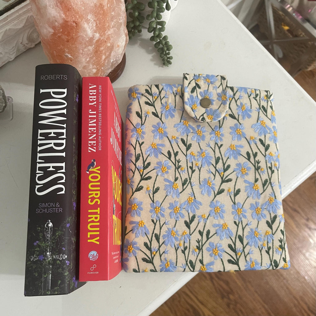 Blue Beige Daisy Embroidered book sleeve, kindle sleeve, ereader cover, iPad sleeve, Book Gift, book pouch, Bible cover