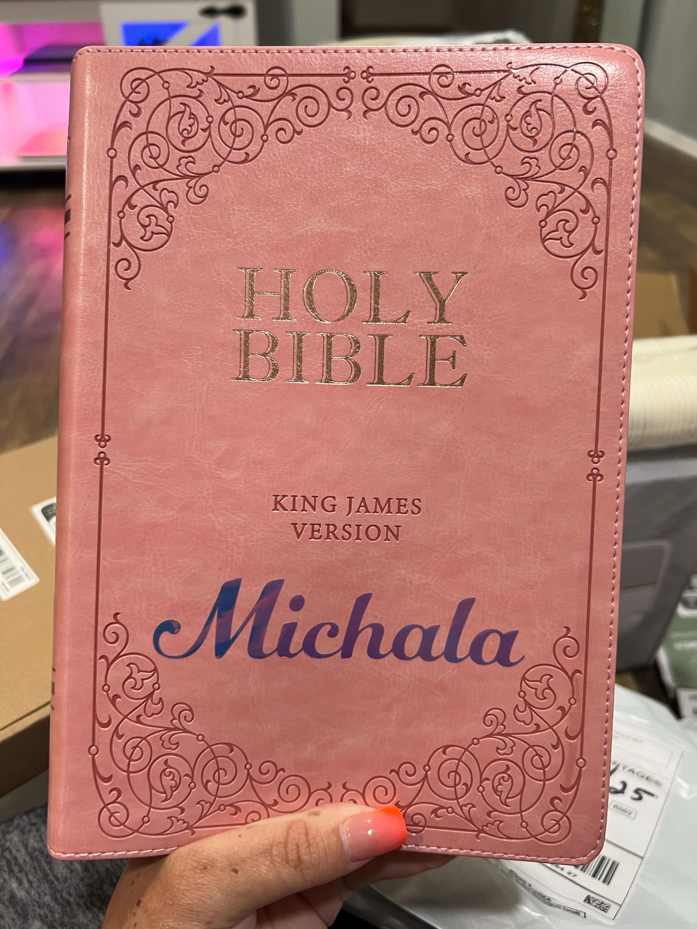 Beautiful KJV Pink LeatherSoft Giant Print Bible with Pink Ombre Tabs and Personalized with Name