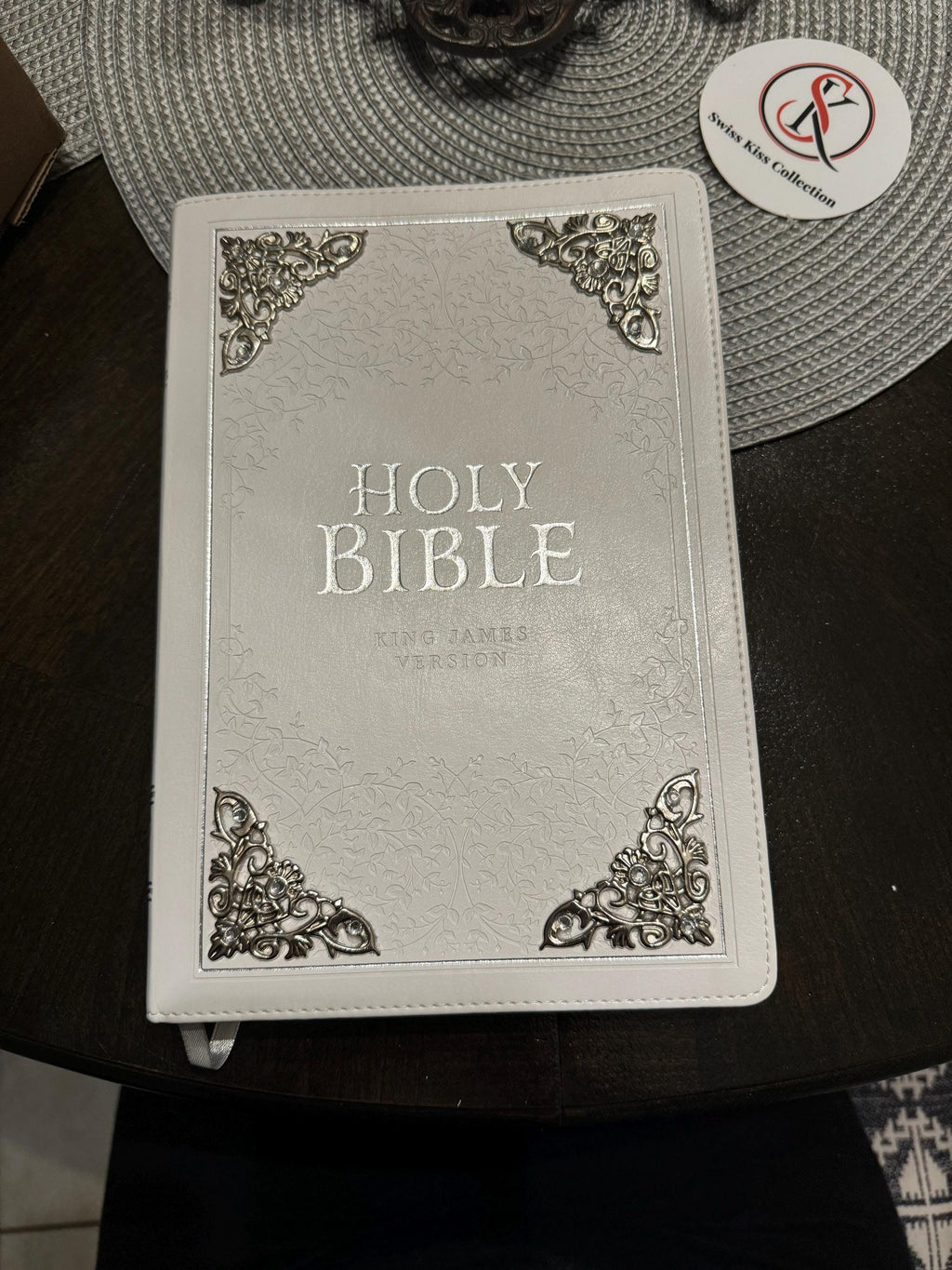 Gorgeous White KJV Holy Bible with Silver Corner Embellishments with Swarovski Crystals , Thinline Large Print Faux Leather