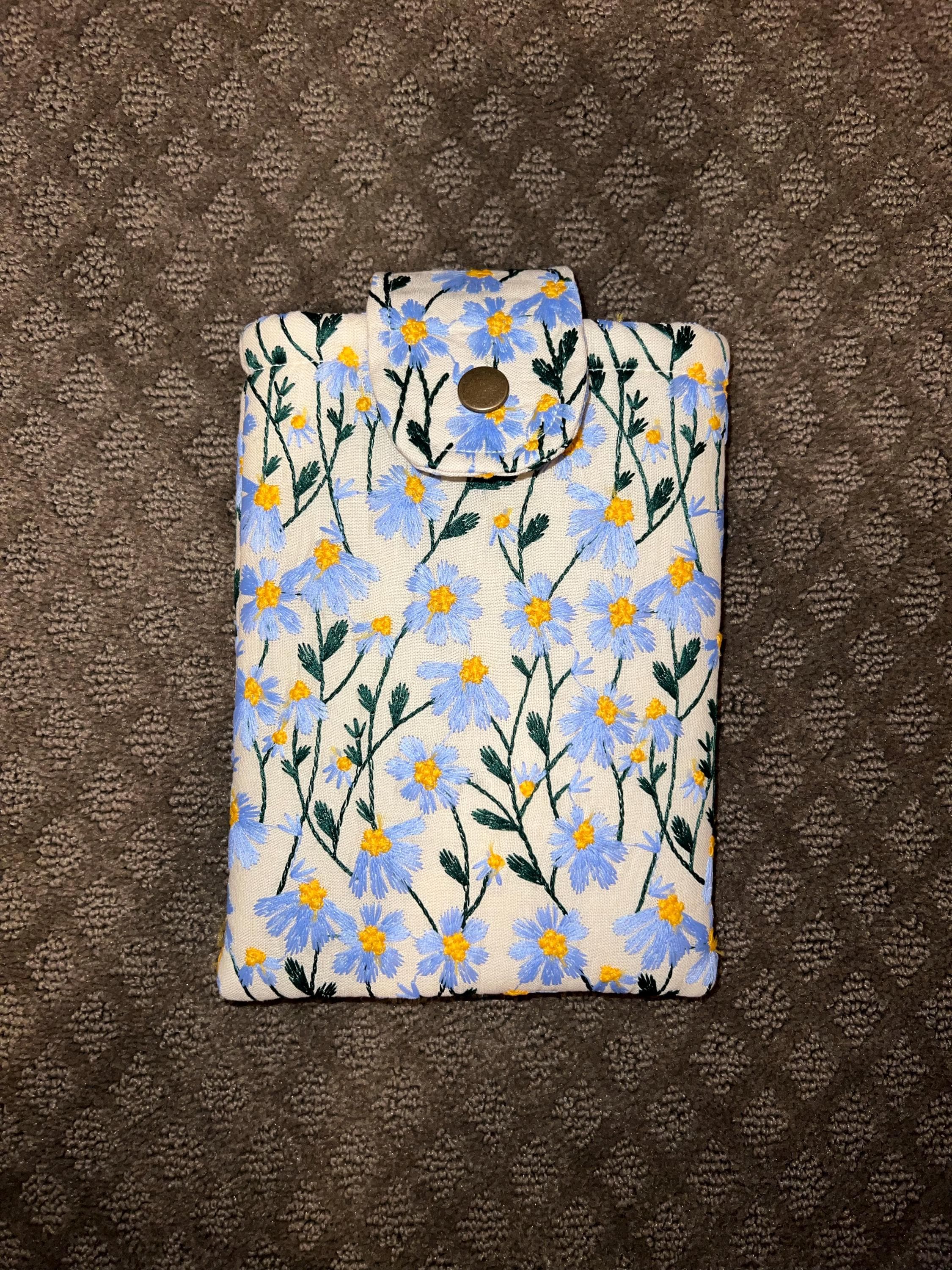 Blue Beige Daisy Embroidered book sleeve, kindle sleeve, ereader cover, iPad sleeve, Book Gift, book pouch, Bible cover