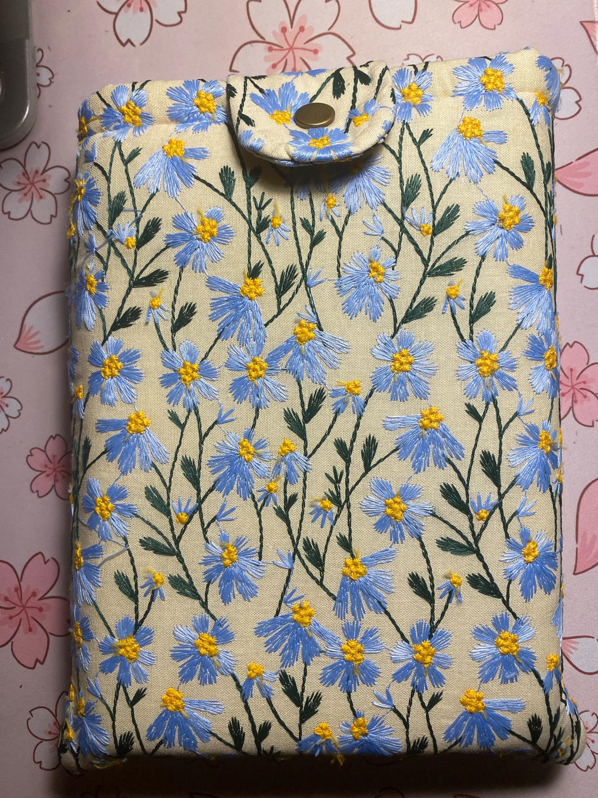 Blue Beige Daisy Embroidered book sleeve, kindle sleeve, ereader cover, iPad sleeve, Book Gift, book pouch, Bible cover