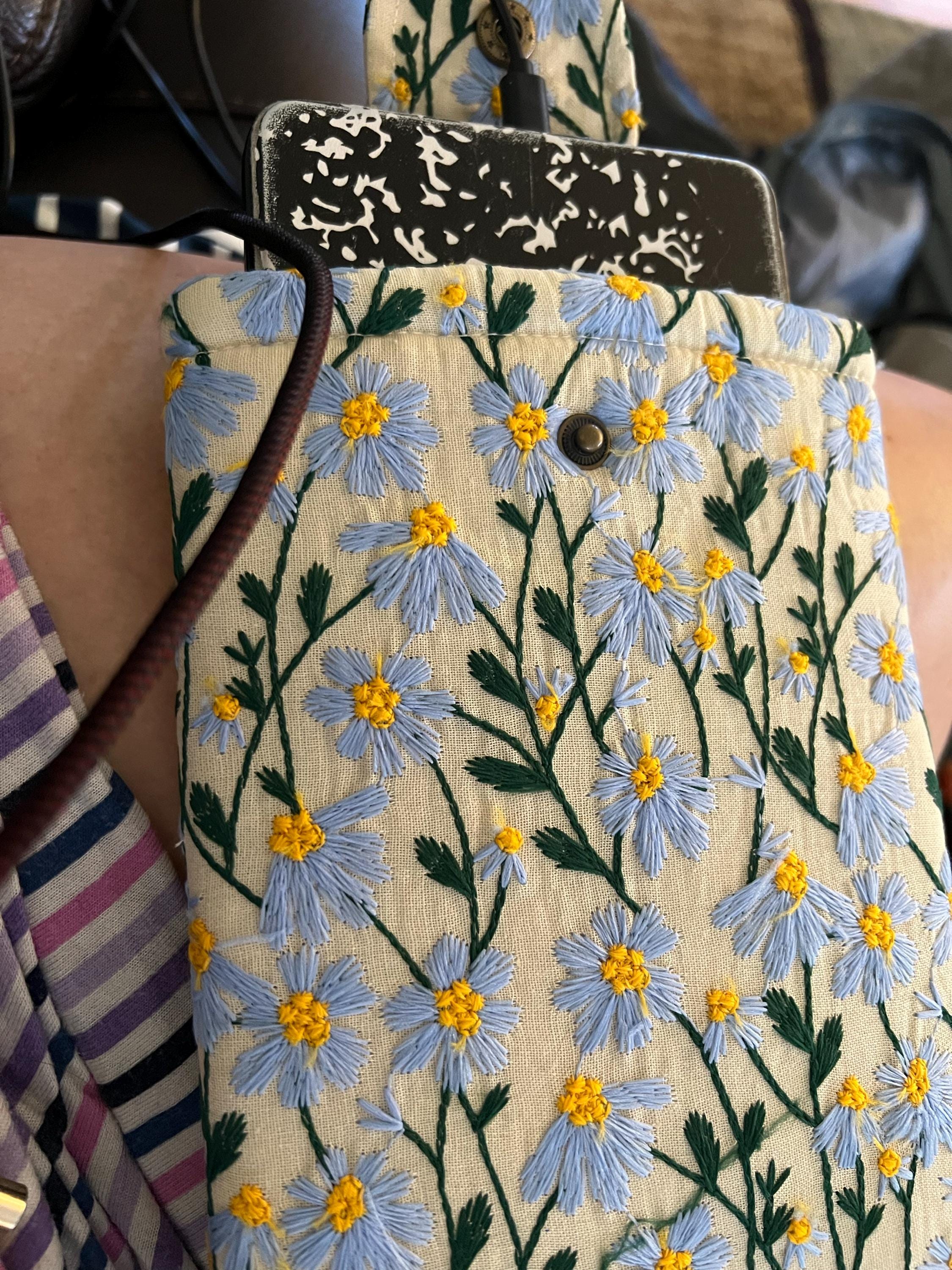 Blue Beige Daisy Embroidered book sleeve, kindle sleeve, ereader cover, iPad sleeve, Book Gift, book pouch, Bible cover