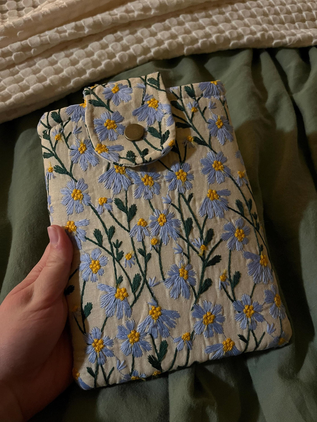 Blue Beige Daisy Embroidered book sleeve, kindle sleeve, ereader cover, iPad sleeve, Book Gift, book pouch, Bible cover