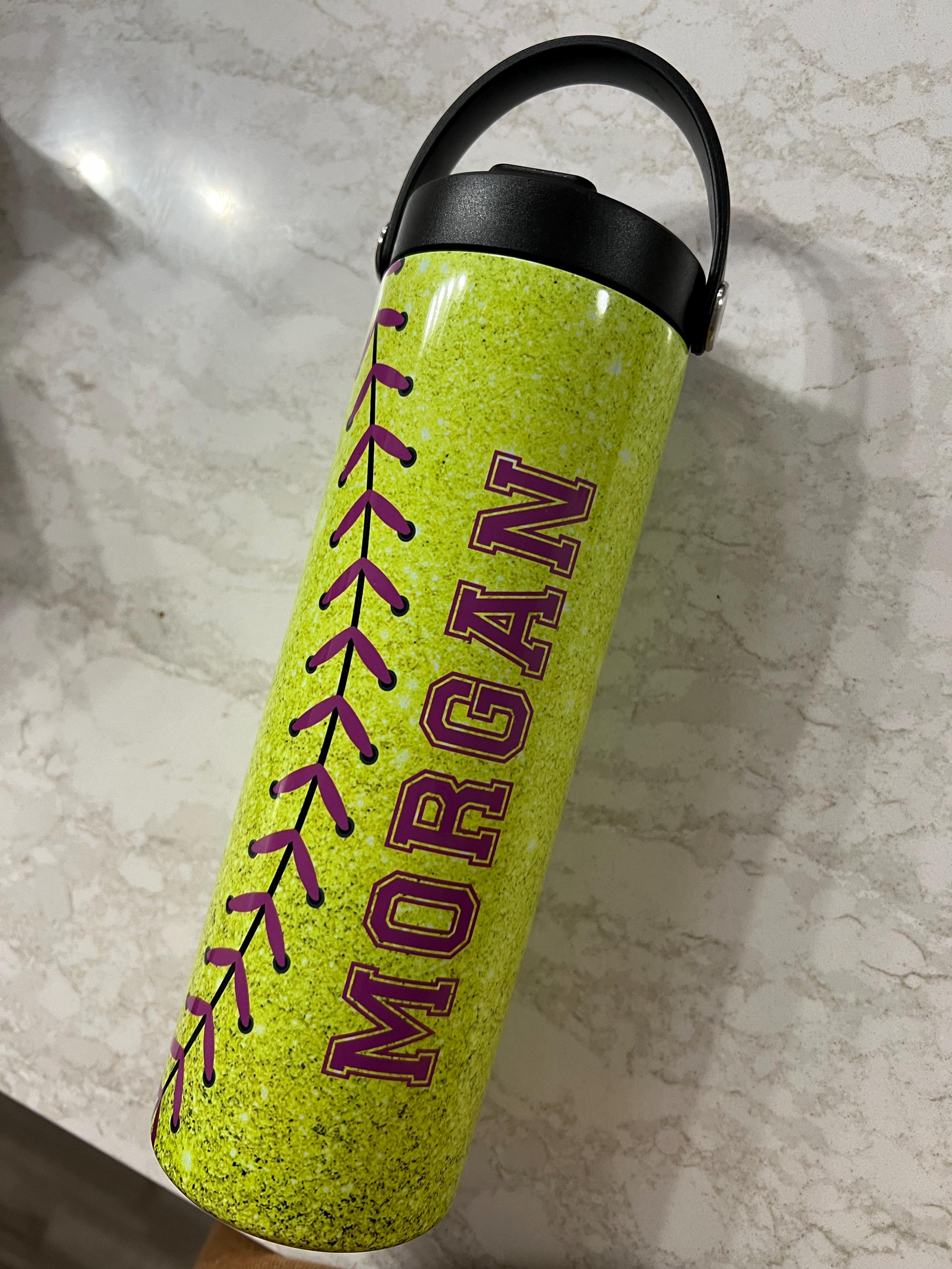 Custom softball team water bottles, Glitter softball tumbler, Gift for softball team, Personalized softball group cups, Bottle with name