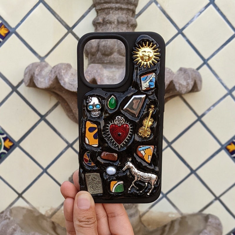 iPhone Phone Case Handmade Decoden Mexican Talavera Mosaic Vintage Jewelry Trinket Milagritos Stone Beige White Black Cover