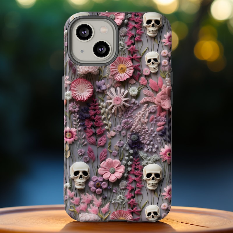 Embroidered Look Floral Skulls Phone Case | Faux Embroidery Dark Academia Skeleton Phone Cover For iPhone | Google Pixel | Samsung Galaxy