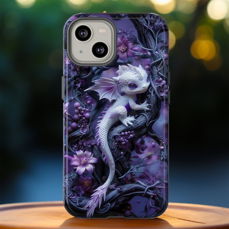Cute 3D Baby Dragon Lavender Floral Phone Case | Purple Baby Dragon Phone Cover | iPhone 15 Pro Max Pixel 8 Samsung Galaxy S24 Plus Ultra