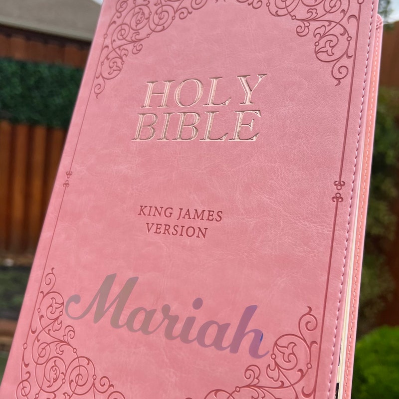 Beautifully Simple KJV Pink Leather Soft Giant Print Bible with Decorative/ Protective Gold Corners and Custom Name Option