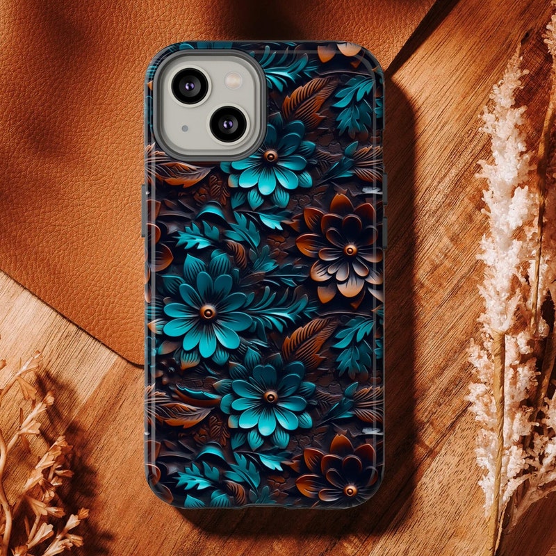 Western Boho Phone Case | Faux Tooled Leather Turquoise Floral Phone Case | Country Leather Phone Cover For iPhone | Samsung | Pixel