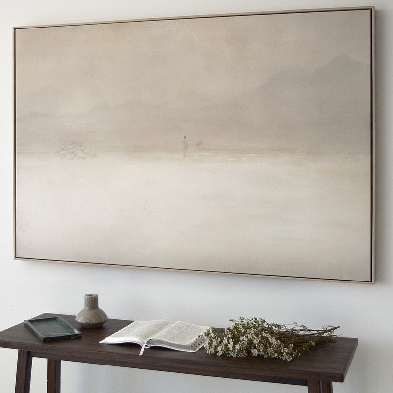 Jesus Leaves the 99 Premium Canvas, Framed, Beige, White, Neutral, Framed, Lost Sheep, Shepherd, Horizontal Sketch Bible Pray Faith Art Gift