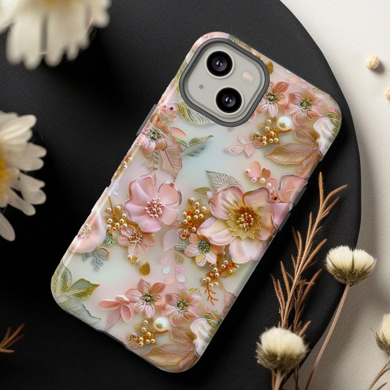Pink Coquette Floral Lace Collage Phone Case, Faux Embroidered Flowers Pearls Phone Case, iPhone 15 Pro Max, Pixel 8 Pro, Samsung S24 Ultra