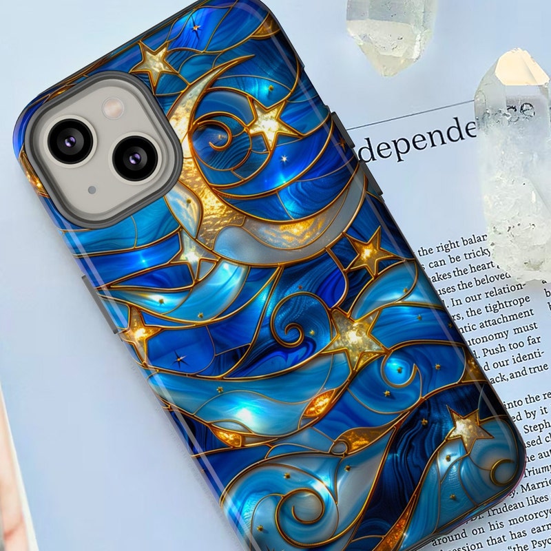 Stained Glass Celestial Moon Phone Case | Stained Glass Effect Stars And Moon Phone Cover iPhone 15 14 13 | Pixel 8 7 | Samsung S24 S23 S22